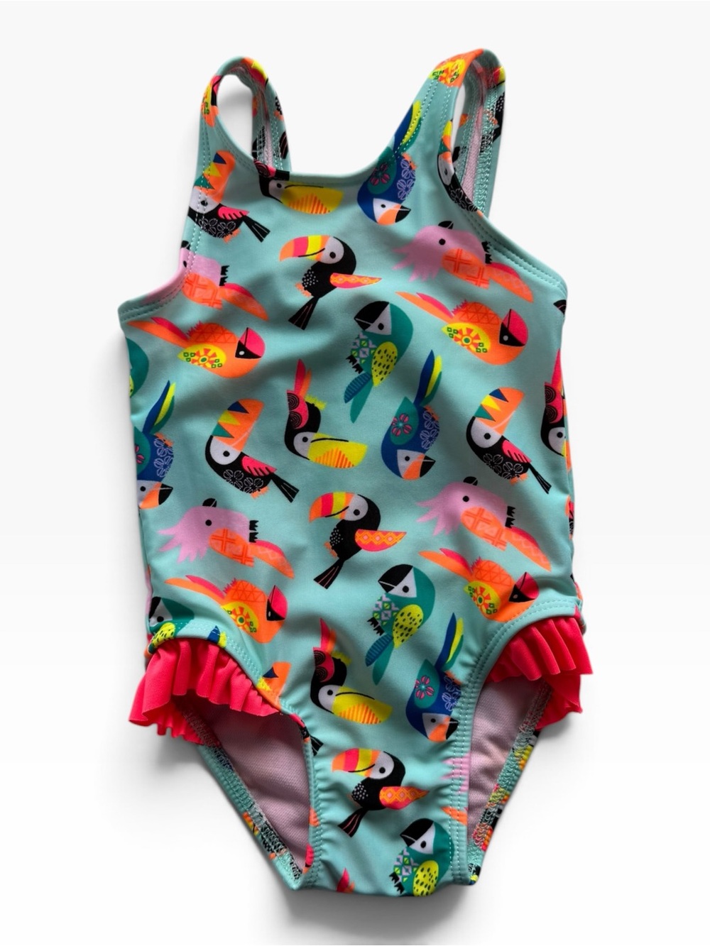 Girls One-Piece Swimsuit with Colorful Toucan Print - Aqua/Pink